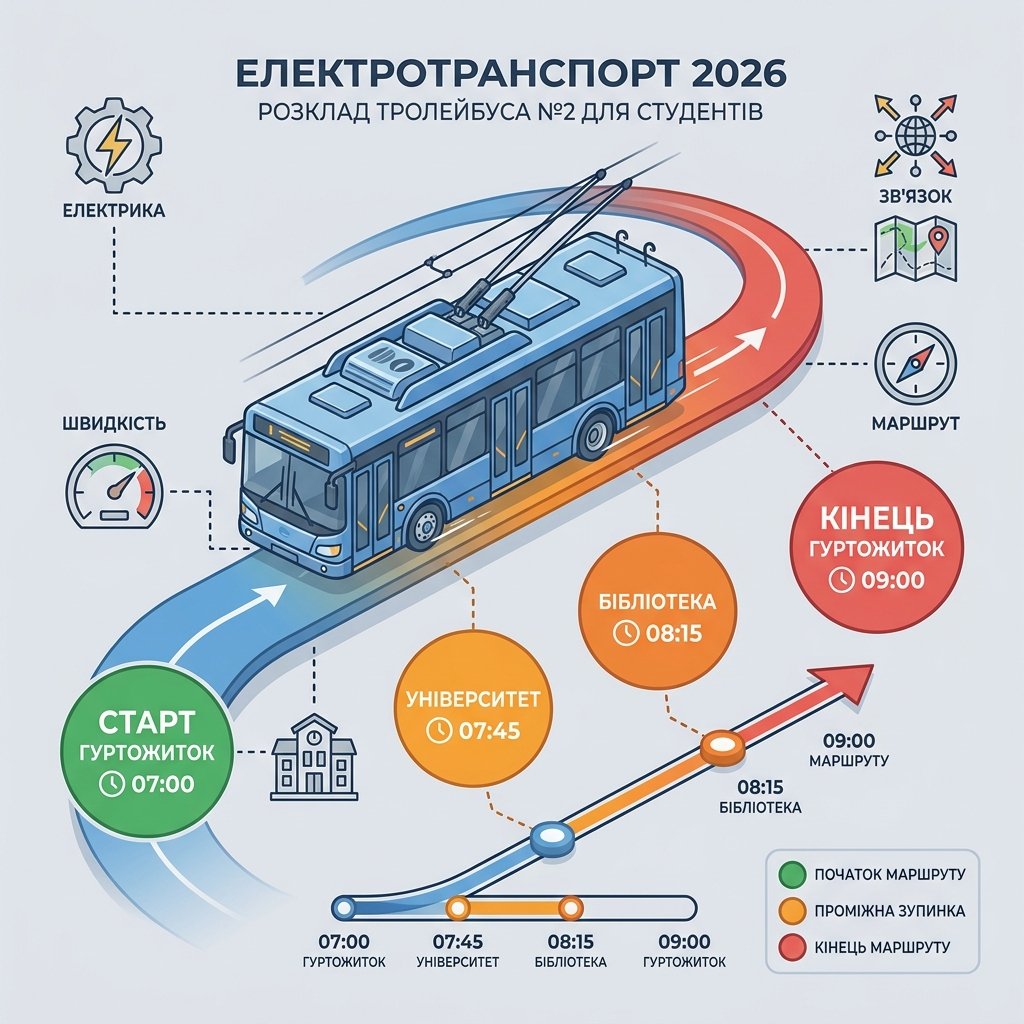 Електротранспорт 2026: розклад тролейбуса №2 для студентів