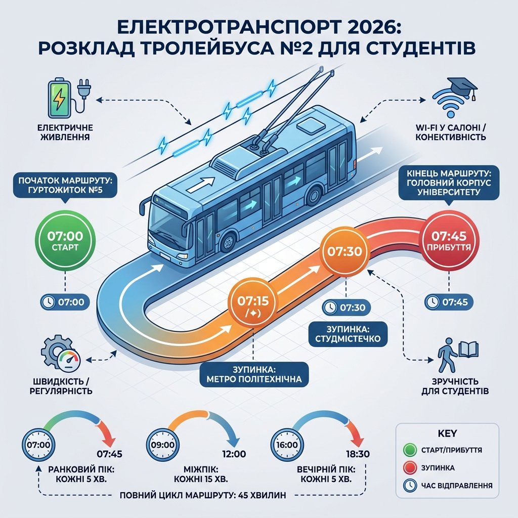 Електротранспорт 2026: розклад тролейбуса №2 для студентів