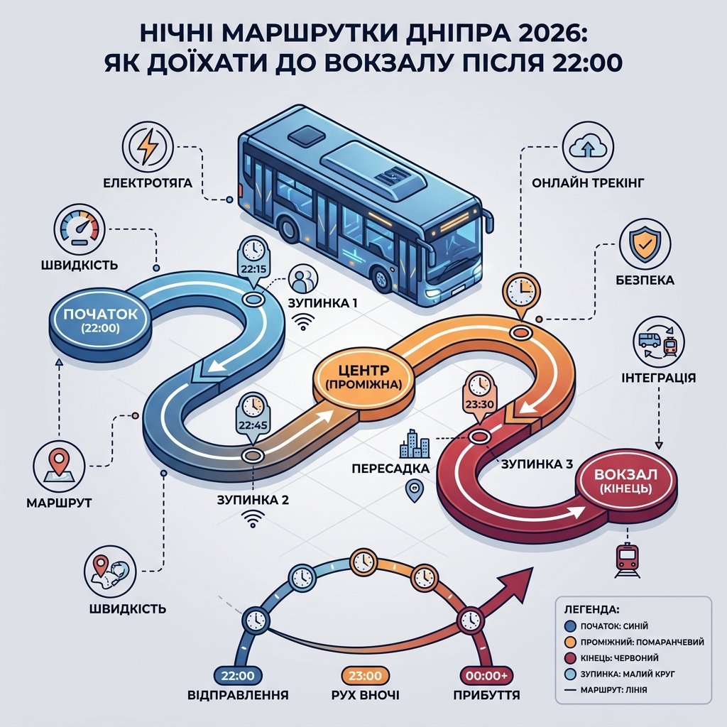 Нічні маршрутки Дніпра 2026: як доїхати до вокзалу після 22:00