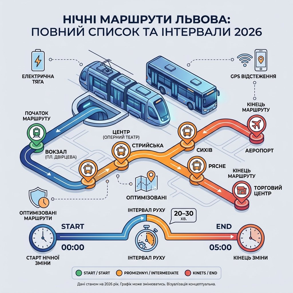 Нічні маршрути Львова: повний список та інтервали 2026