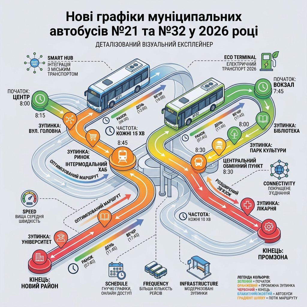 Нові графіки муніципальних автобусів №21 та №32 у 2026 році