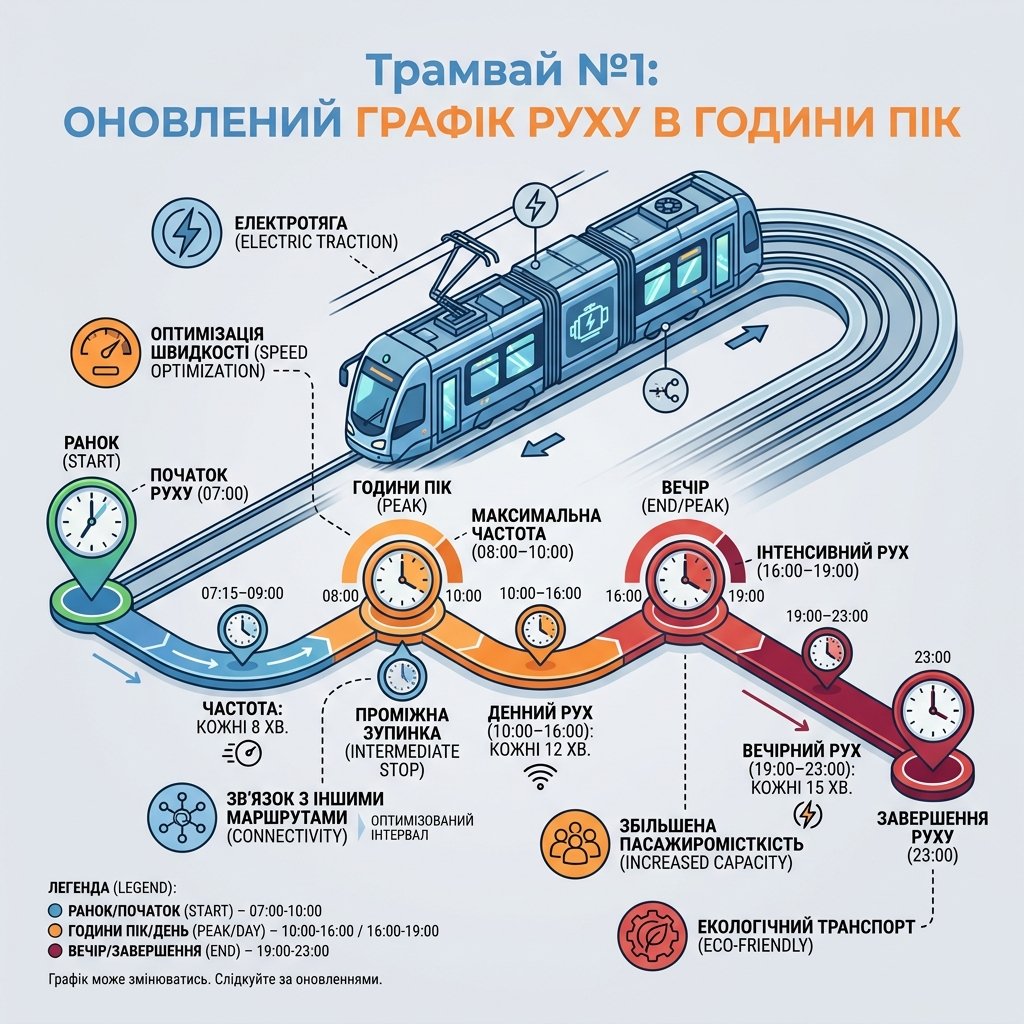 Трамвай №1: оновлений графік руху в години пік