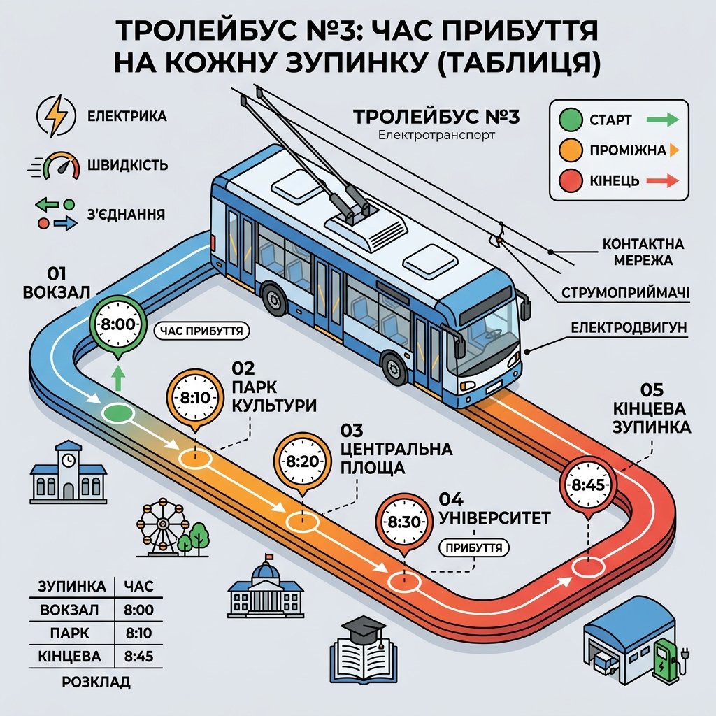 Тролейбус №3: час прибуття на кожну зупинку (таблиця)