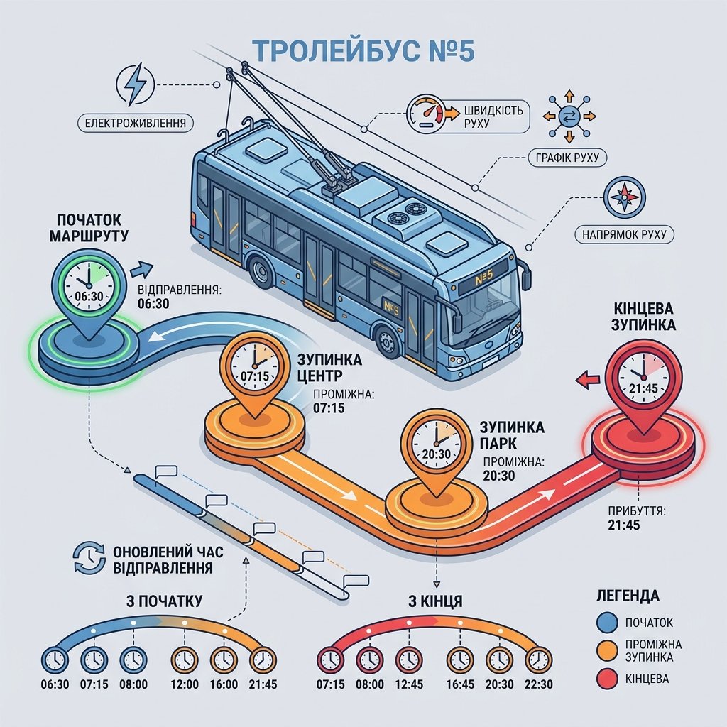 Тролейбус №5: оновлений час відправлення з кінцевих зупинок